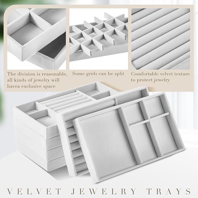 Junkin 18 Pcs Velvet Jewelry Tray Stackable Jewelry Drawer Organizer Jewellery Box Divided Display Tray for Earring Bangle(Gray)