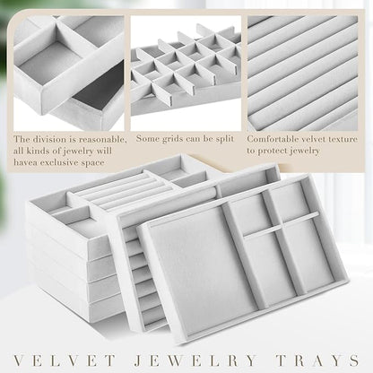 Junkin 18 Pcs Velvet Jewelry Tray Stackable Jewelry Drawer Organizer Jewellery Box Divided Display Tray for Earring Bangle(Gray)