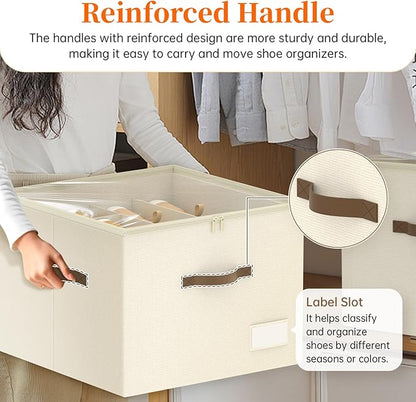 Shoe Organizer for Closet, Foldable Shoe Storage Containers, Fits up to 16 Pairs, Large Shoe Storage Organizer Box Cubby Baskets Bins with Clear Cover and Reinforced Handles, Beige