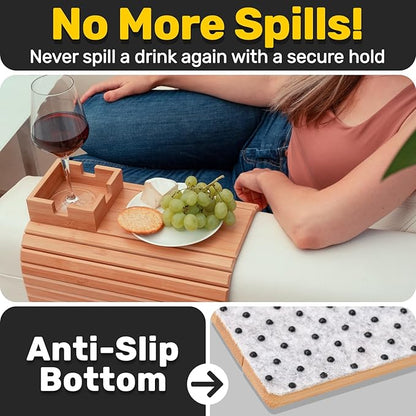 Bamboo Couch Cup Holder for Drink & Snack, Couch Arm Table & Couch Armrest Tray with Couch Cup Holder Tray Table for Couch, Recliner, or Loveseat, Couch Caddy.