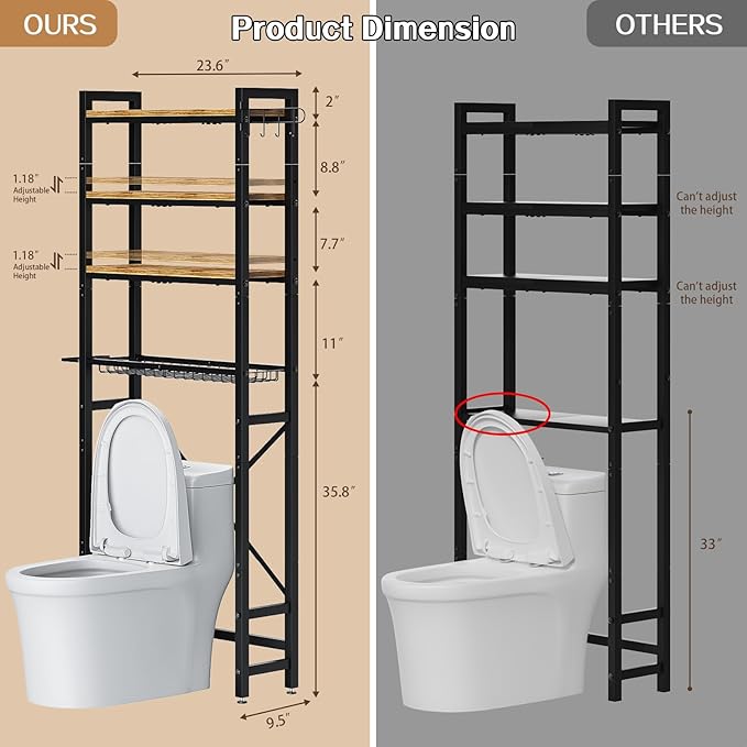 Insdiy Over-The-Toilet Storage Rack, 4 Tier Bathroom Shelf Organizer Over Toilet with Adjustable Shelves, Basket, Hooks, Paper Holder, Quick Interlock Install & Water-Resistant Shelves (Vintage Brown)