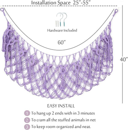Stuffed Animal Net or Hammock for Flat Wall Hanging Net for Stuffed Animal Storage Handmade Macrame Plush Toy Hammock(Purple)
