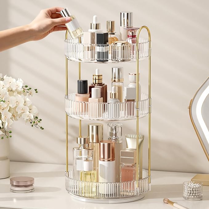 360° Rotating Makeup Organizer, Large Capacity Skincare Organizer, 3 Tier Cosmetic Skin Care Perfume Dresser Organizer, Fits Cosmetics, Perfume, Skin Care, Lipstick