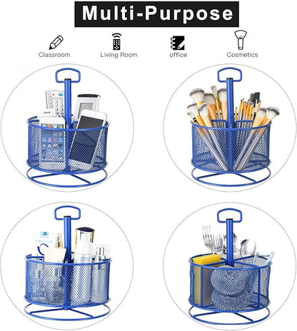Marbrasse Mesh Desk Organizer, 360-Degree Rotating Multi-Functional Pen Holder, 4 Compartments Desktop Stationary Organizer, Home Office Art Supply Storage Box Caddy (Blue)
