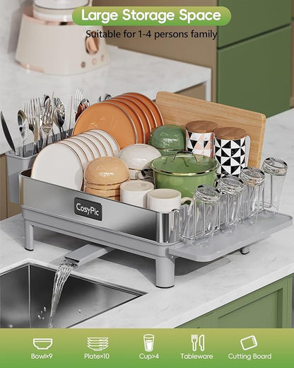 CosyPic Dish Racks, Thicker Premium 304 Stainless Steel Dish Drying Rack for Kitchen Counter, Automatic Drainage Spout, Dish Drainer & Drainboard Set with Utensil Holder and Cup Holder, Grey