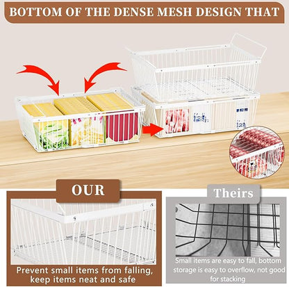 ANJUBAN Large Freezer Organizer Bins，Upgraded Bottom Leak-Proof net，2 Pack， Expandable Stackable Chest Freezer Containers with Handle，for Fridge, Deep Freezer, Cabinet, Kitchen, Pantry (White-2Pack)