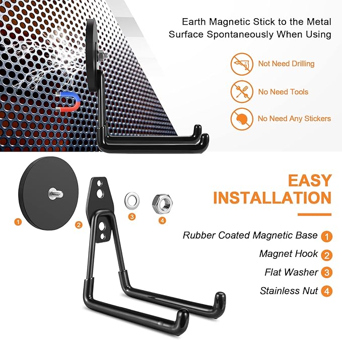 ENUODA Magnetic Hooks Heavy Duty Rare Earth Magnets with Hooks Large Magnetic Tool Holder for Hanging Garden Tools, Drills, Shovel, Broom, Hoses, Extension Cord, Garage Organization, 4 PCS