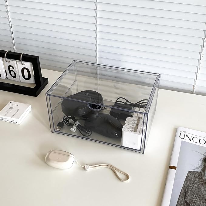 NINEWEEN Clear Desk Organizers and Accessories, 2 Pack Plastic Drawer Organizer for Office Supplies, Marker Pen, Art Crafts, Stationery, Coffee Pods, Stackable Home Storage (2 Drawers)