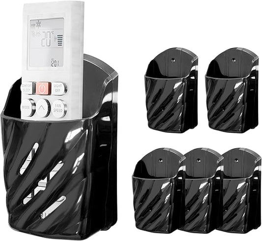 Remote Control Holder Wall Mount 6Pcs Stylish Organizer ABS Plastic Storage Box for TV AC Fan Remotes, No-Drill Adhesive or Screw Installation for Bedroom Headboard Office (Black)