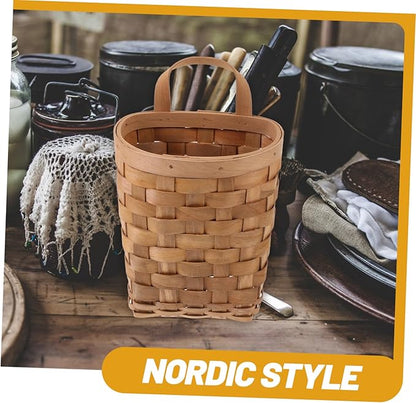 HEALLILY Woven Hanging Storage Baskets Wood Organizer for Kitchen Bathroom Bedroom Wall Mountable Natural Storage Bins for Cosmetics Kitchenware and Daily Essentials Carbonized Finish