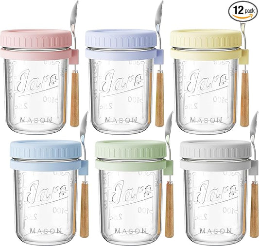 HomArtist 16oz Overnight Oats Containers with Lids and Spoons, 6 Pack Wide Mouth Mason Jars with Airtight Lids, Overnight Oats Jars for Salad, Chia Seed, Cereal, Yogurt