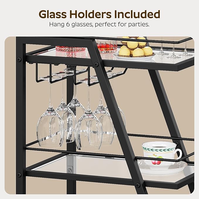 Bar Cart for The Home, Small Bar Cart on Wheels, Beverage Cart, Home Bar Serving Cart with Glass Holder, Drink Cart for Bar, Kitchen, Transparent and Black BC03BK
