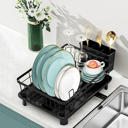 BULIJUJU Small Dish Drying Rack, Space Saving Dish Racks for Kitchen Counter, Kitchen Organizer Dish Drainer with Cutlery Holder for Spoons and Forks, 11''W x 15''L, Black
