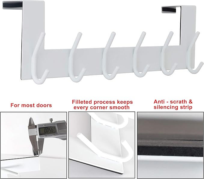 SKOLOO Over The Door Hook - 6 Hooks, No Assembly Required, Stainless Steel Door Hooks, Over Door Coat Rack for Hanging Coats Clothes Hats Robes, White