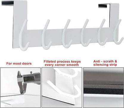 SKOLOO Over The Door Hook - 6 Hooks, No Assembly Required, Stainless Steel Door Hooks, Over Door Coat Rack for Hanging Coats Clothes Hats Robes, White