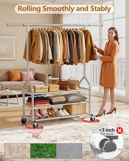 EAGMAK Heavy Duty Clothes Rack Load 686 LBS, Rolling Clothing Rack with 3 Shelves, Height Adjustable Metal Coat Rack, Portable Garment Closet Wardrobe Organizer with Wheels for Hanging Clothes, Silver