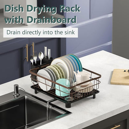 AIDERLY Iron Dish Drying Rack with Drainboard Dish Drainers for Kitchen Counter Extendable Spout Strainers with Utensil Holder and Knife Slots, Brown