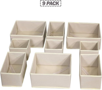 DIOMMELL 9 Pack Foldable Cloth Storage Box Closet Dresser Drawer Organizer Fabric Baskets Bins Containers Divider for Baby Clothes Underwear Bras Socks Lingerie Clothing,Beige 333