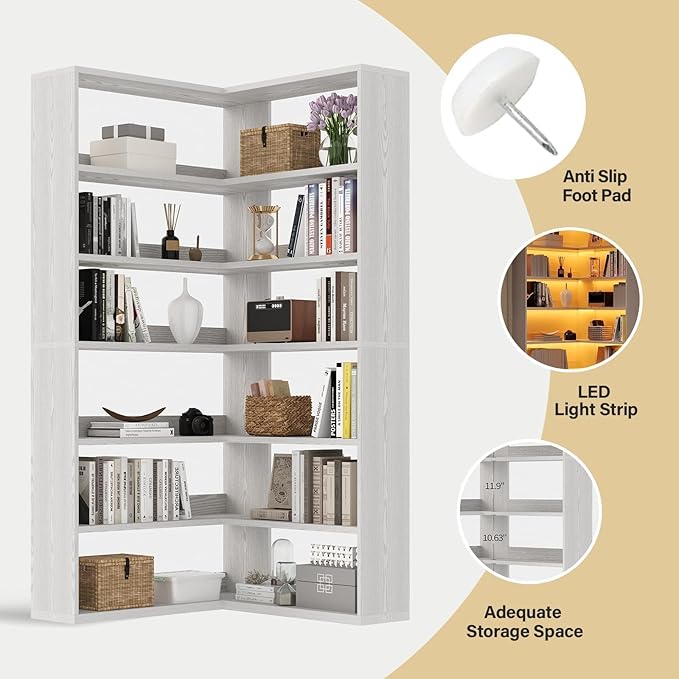 4 EVER WINNER Corner Book Shelf with LED Lights, 71” Corner Bookshelf for Living Room, Study Room, Wooden Storage Display Industrial l Shaped Bookshelf, White