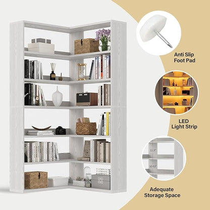 4 EVER WINNER Corner Book Shelf with LED Lights, 71” Corner Bookshelf for Living Room, Study Room, Wooden Storage Display Industrial l Shaped Bookshelf, White