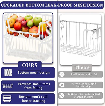 4 Pack Enhanced Leak-Proof Bottom Stackable Wire Baskets, Pantry Organizers and Storage, Pantry Storage，Shelf Baskets, Fruit Basket, Potato and Onion Storage Bins，(White)
