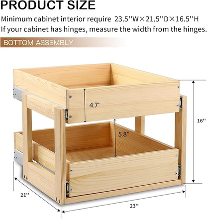 Pull Out Cabinet Organizer, 23''W×21''D×16''H Soft Close Slide Out Wood Drawer Shelves Storage for Kitchen, 2-Tier, Finished, Heavy-Duty, Bottom Assembly