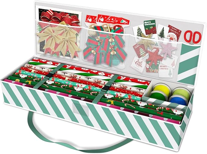 Safana 2 Pack Wrapping Paper Organizer Storage Bag, 42" Durable 600d Oxford Gift Wrapping Organizer Box Under Bed Storage Containers for Decorations Paper Rolls, Ribbons, Balls, Bows (Green Stripe)