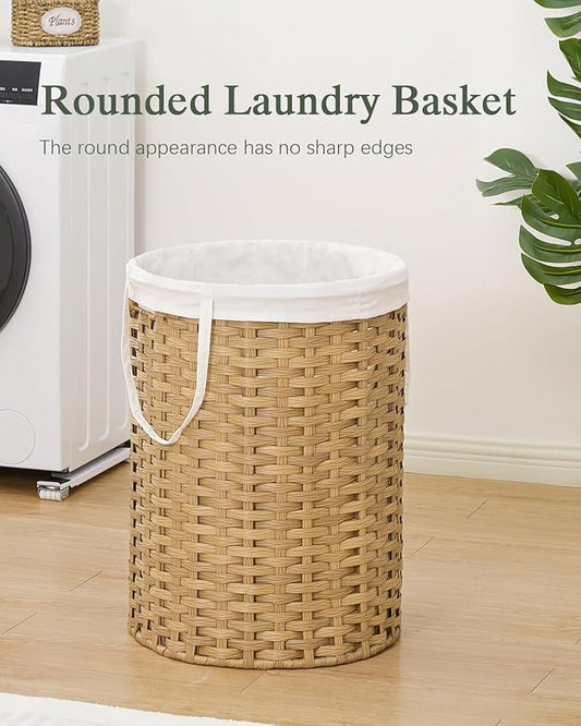 Laundry Basket Round Rattan Laundry Hamper 29.1 Gal(110 L)Handwoven Large Wicker Basket with Handles, Wicker Hamper with Removable Bags and 2 Mesh Bags for Bathroom Living Room Natural(No Lid)