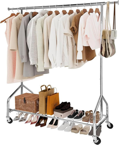 Whitmor Heavy Duty Clothes Rack, Rolling Garment Rack with Lockable Wheels, Adjustable & Extendable Metal Clothing Rack Shelves with Bottom Shelf, Max Load 450LBS for Hanging Clothes, Chrome