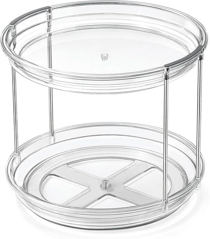 2 Tier Lazy Susan Organizer, 9.25'' Lazy Susan Turntable for Cabinet, Stackable Turntable Organizer Rotating Spice Rack Organization for Kitchen Countertop, Pantry, Bathroom, Clear