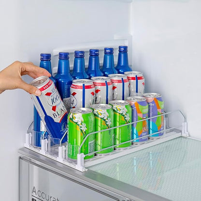 Rula Drink Organizer for Fridge, Width Adjustable Water Bottle Pusher Glide, Self-Pushing Soda Can Dispenser for Refrigerator - Holds up to 15 Cans (15"D, 3 Rows)