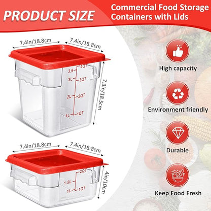 Yungyan 16 Pcs Restaurant Food Storage Containers with Lids Set 2Qt and 4Qt Commercial Restaurant Square Storage Containers Clear Food Cereal Container for Kitchen Freezer (Red Lids)