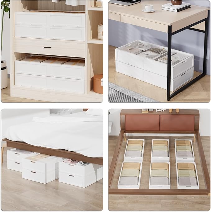 Wood Under Bed Storage Containers Underbed Organizer with Wheels with Large Capacity Dust Bag,Sturdy Wood Rolling Under Bed Shoe Storage Organizer 2 Packs (Walnut, Tall) (White, Large)