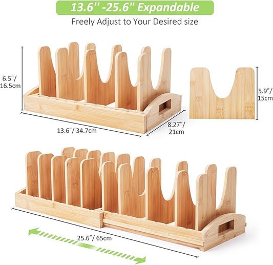 Kirosy Pots and Pans Organizer under Cabinet, Pot Lid Organizer Bamboo Expandable with 10 Adjustable Dividers, Pan Holder Kitchen Storage Rack for Cutting Board, Baking Tray and Cookie Sheet