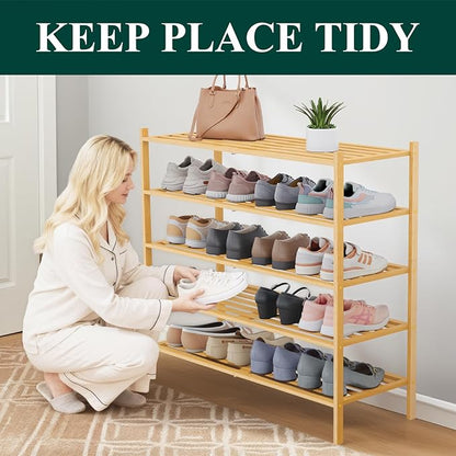 Smiry Long Bamboo Shoe Rack 5-Tier, Stackable Wooden Shoe Organizer for Entryway & Closet, Free Standing Wood Shoe Storage Shelf for Front Door & Small Spaces, Natural
