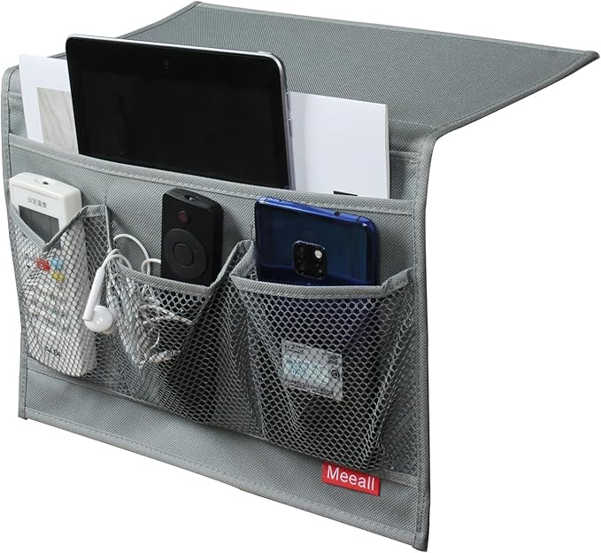 Meeall Bedside Storage Organizer with Pockets, Bedside Caddy, Table Cabinet Storage Organizer, TV Remote Control, Phones, Magazines, Tablets, Accessories, Grey