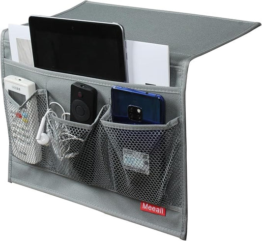 Meeall Bedside Storage Organizer with Pockets, Bedside Caddy, Table Cabinet Storage Organizer, TV Remote Control, Phones, Magazines, Tablets, Accessories, Grey
