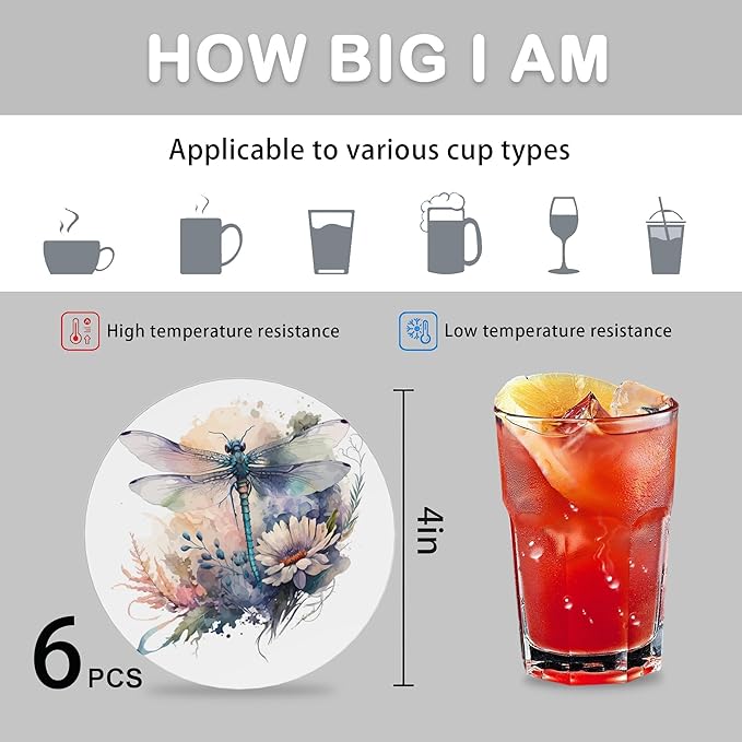 Dragonfly Drink Coasters for Drinks Set of 6,Watercolor Flowers Absorbent Round Ceramic Stone Mat Coaster,with Cork Base and Metal Holder, Home Bar Decor House Warming Gift