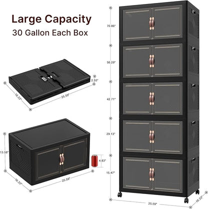 Extra Large Stackable Storage Bins, Lockable Storage Bins with Lids, Folding Storage box with Doors and Wheels, Collapsible Plastic Drawers for Home, Garage, Office (5, Black, Large)