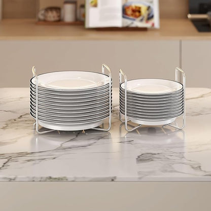 Adjustable Dish Rack for Kitchen Counter - Bamboo Plate Holder Organizer for Cabinet Wooden Bowl Organizer Stainless Steel Plate Stand Storage for Kitchen Drawer Countertop Cupboard Shelf RV