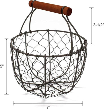 CVHOMEDECO. Round Chicken Wire Egg Basket Fruit Basket with Wooden Handle Primitives Vintage Gathering Basket. Rusty