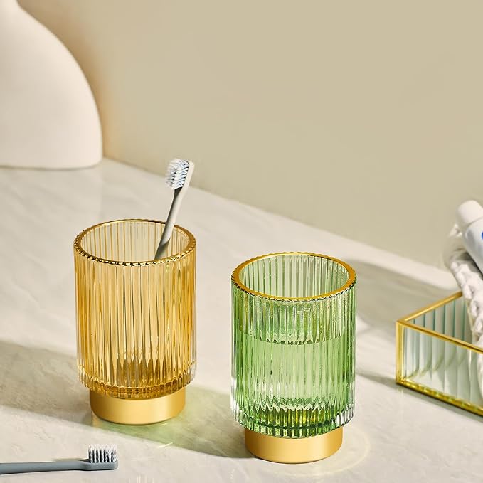 LEICURACE Makeup Brush Holder Organizer,Toothbrush Holders,Desk Pen Pencil Holder,Multifunctional Vintage Glass Brush Cup（S+L/Gold/A3-2-US）