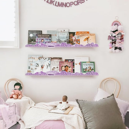 Rainbow Glitter Acrylic Floating Shelves, 23.6" Wall Mounted Nursery Bookshelves, Display Ledge for Books Toys Cosmetic Storage, Bathroom Bedroom Living Room Wall Organizer, 2 Pack, Purple