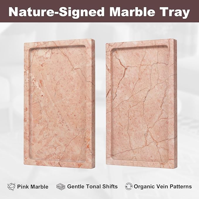 Natural Marble Rectangular Tray 10x6 Inch - Cream Rose Vanity Organizer for Bathroom, Coffee Table & Kitchen - Weighted Base