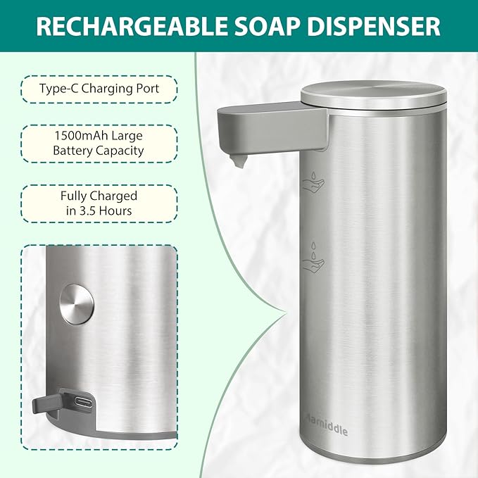 Mamiddle Automatic Soap Dispenser Stainless Steel with Sensor Infrared Soap Dispenser Electric IPX5 Waterproof USB-C Charging Motion Sensor for Kitchen & Bathroom (Silver)