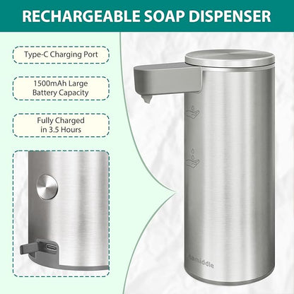 Mamiddle Automatic Soap Dispenser Stainless Steel with Sensor Infrared Soap Dispenser Electric IPX5 Waterproof USB-C Charging Motion Sensor for Kitchen & Bathroom (Silver)