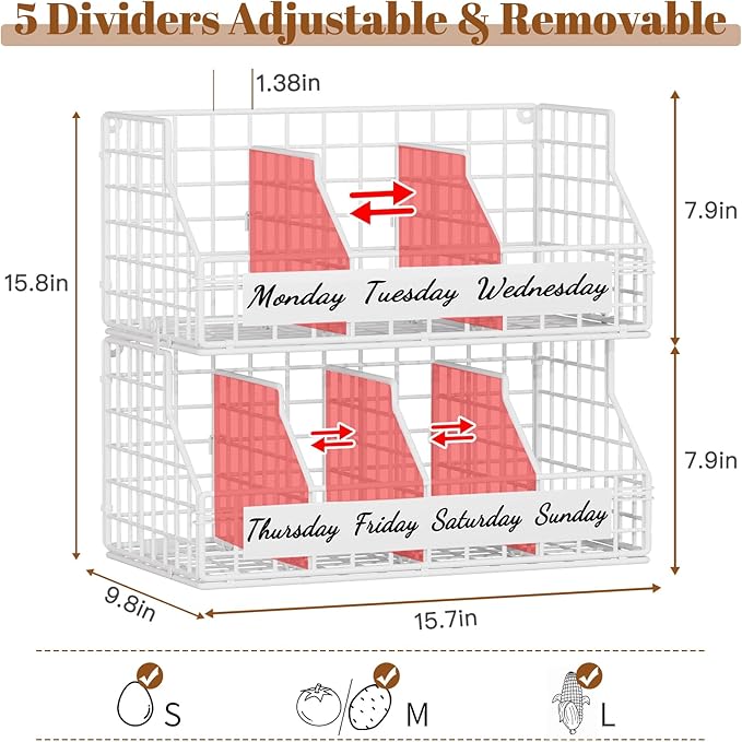 Egg Basket for Countertop, Egg Holder Countertop with 5 Dividers & Labels, 2 Tier Stackable Wire Storage Baskets to Keep Fresh Eggs Organized, Egg Organizer for Kitchen & Decorative Rack Home, White