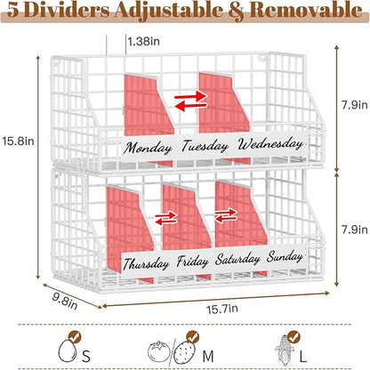 Egg Basket for Countertop, Egg Holder Countertop with 5 Dividers & Labels, 2 Tier Stackable Wire Storage Baskets to Keep Fresh Eggs Organized, Egg Organizer for Kitchen & Decorative Rack Home, White