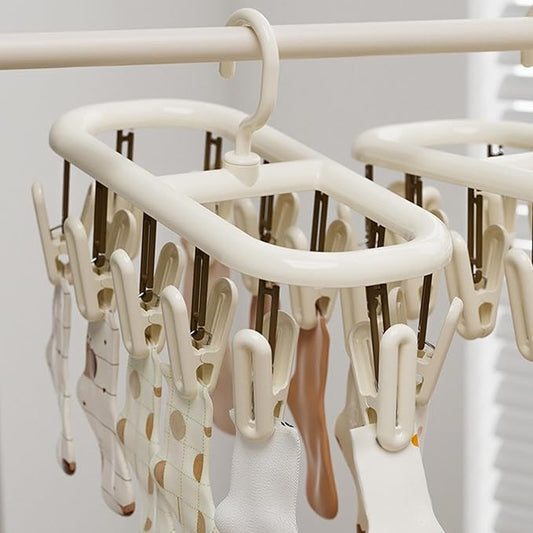 Beige Socks Drying Rack, Foldable Multifunctional Clothes Hanger with 12 or 20 Clips, Plastic, Space-Saving for Socks, Underwear, Gloves, Towels, Rotatable Hook for Easy Hanging (12 Clips)