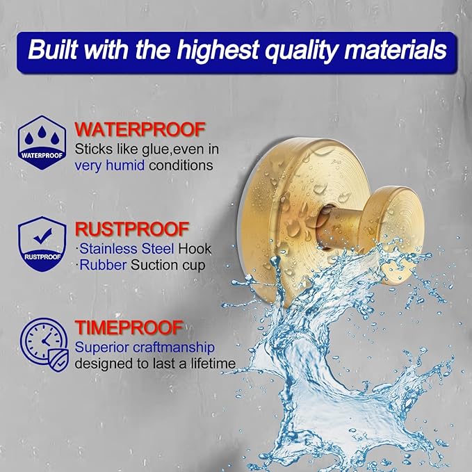 Bntuk Suction Cup Hooks for Shower, Removable Towel Hooks for Bathroom Window Glass Door Wall, Bath Robe Looafh Hook for Hanging - 4 Pack, Gold1